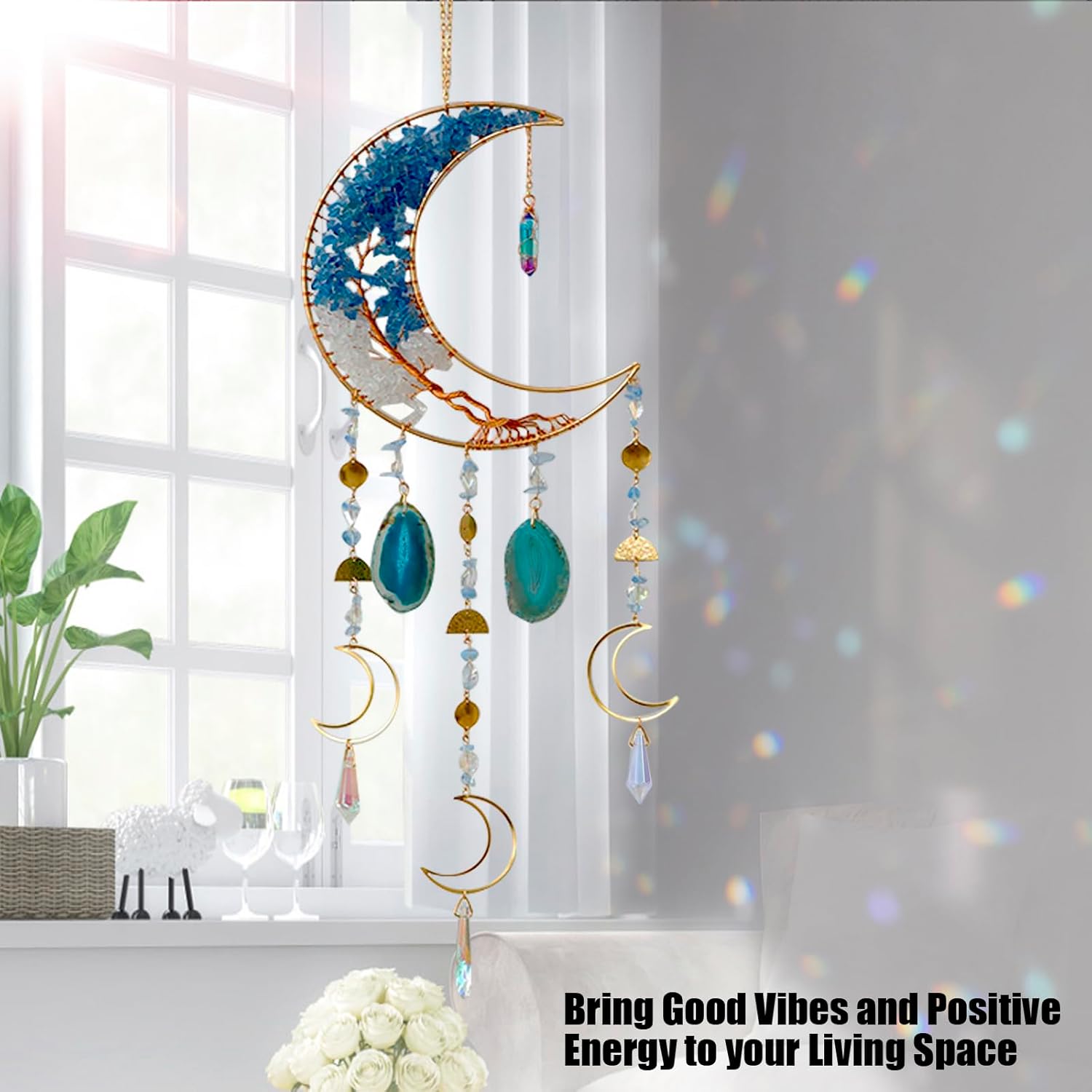 Moon Wind Chimes with Handcrafted Crystal Tree for Home Wall Decor Aesthetic, Dorm Wall Decor, Iridescent Décor, Crystal Sun Catchers, Unique Gift for Women, Teen Girl Gift