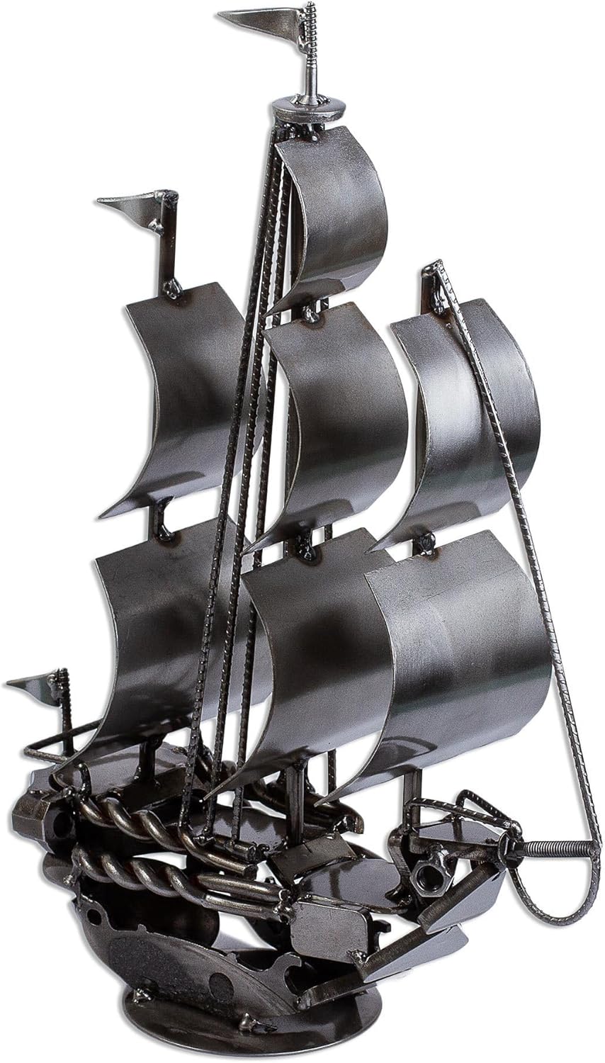 NOVICA Artisan Handmade Recycled Auto Parts Sculpture Rustic Sailing Ship Metal Mexico Planes Trains Autos Nautical [16.25in H x 4.7in W x 12.5in D] ' Rustic Ship'