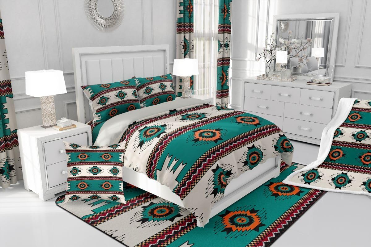 Feelyou Boho Comforter Set Queen Size Southwestern Bedding Set for Kids Boys Girls Green Aztec Southwest Duvet Quilt Tribal Geometric Designs Bedroom Decor Ethnic Prints 3 Pcs with 2 Pillow Cases