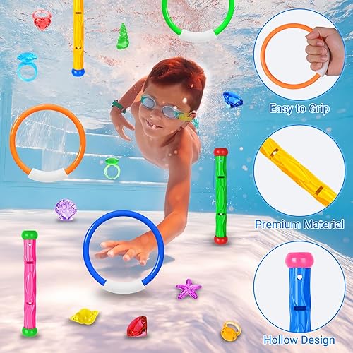 Miniatura 4 de 20 piezas de juguetes de natación para buceo en la piscina para niños, anillos de buceo, varillas, gemas, entrenamiento subacuático, juguetes de
