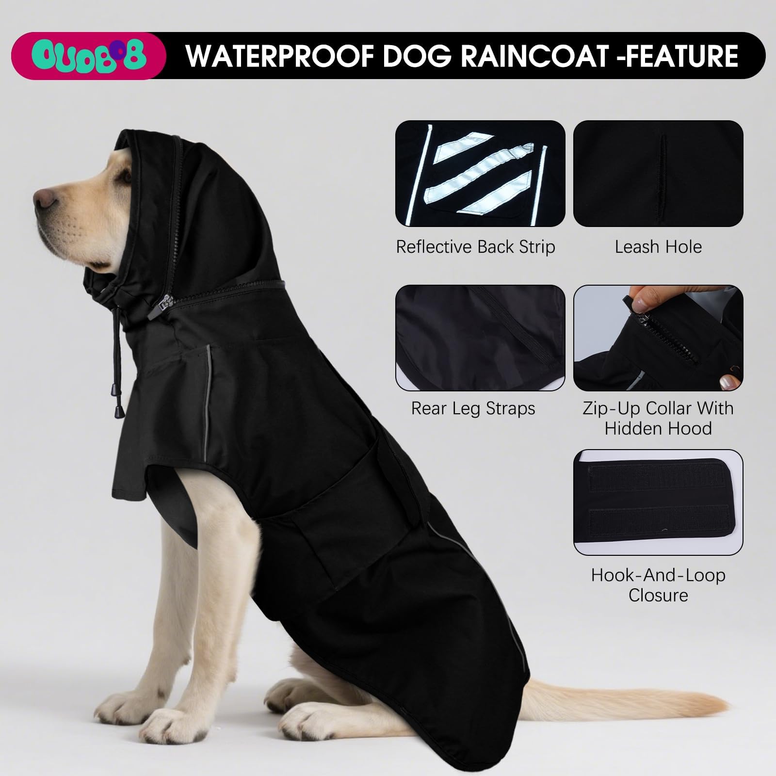 OUOBOB Dog Raincoat with Hood for Medium Dogs Waterproof Adjustable Dog Jacket with Reflective Strips - Image 2