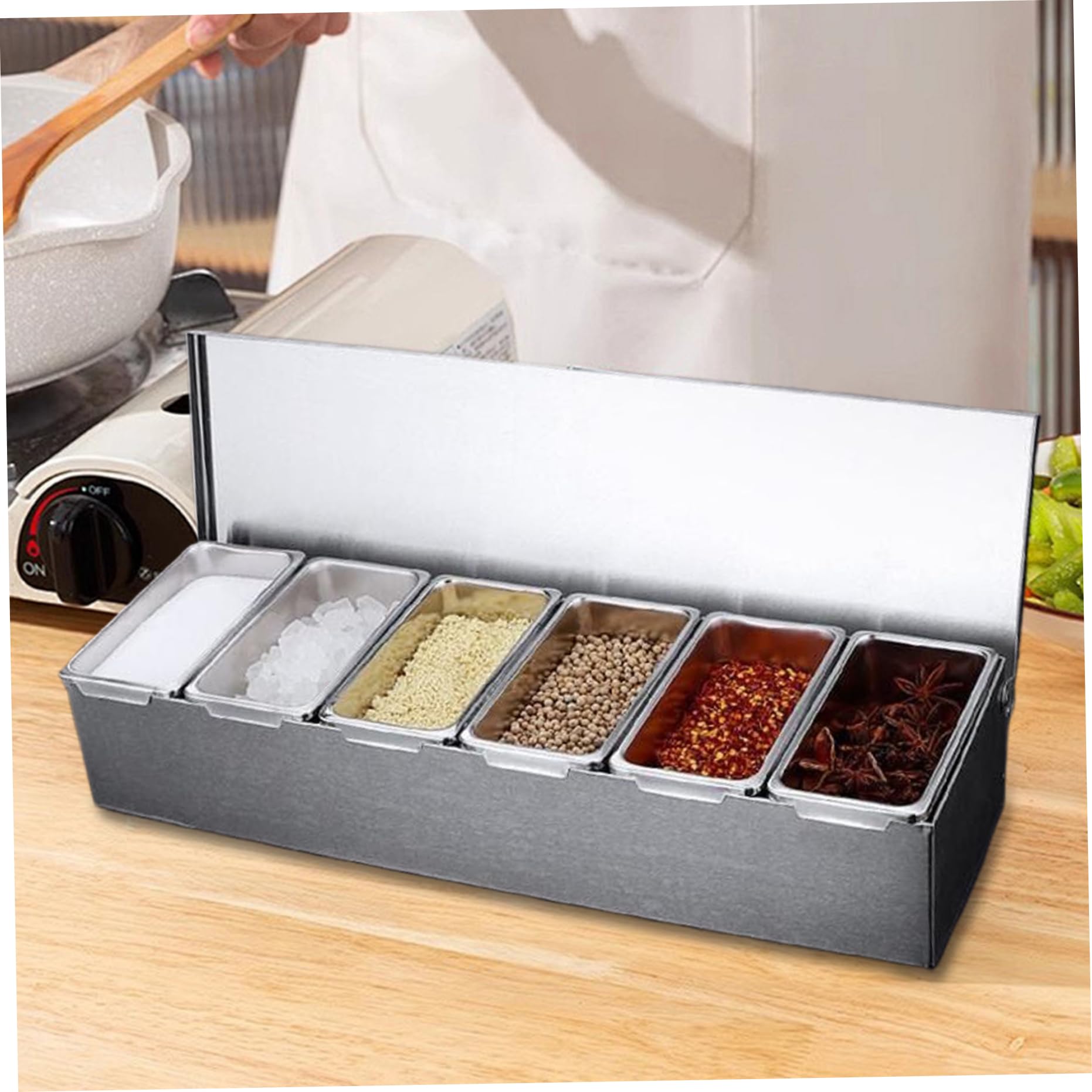 Pizza Topping Station 18 x 4 x6 6 Contenedor de almacenamiento de pizza de compartimento con tapas de condimentos desmontables para restaurantes para el hogar