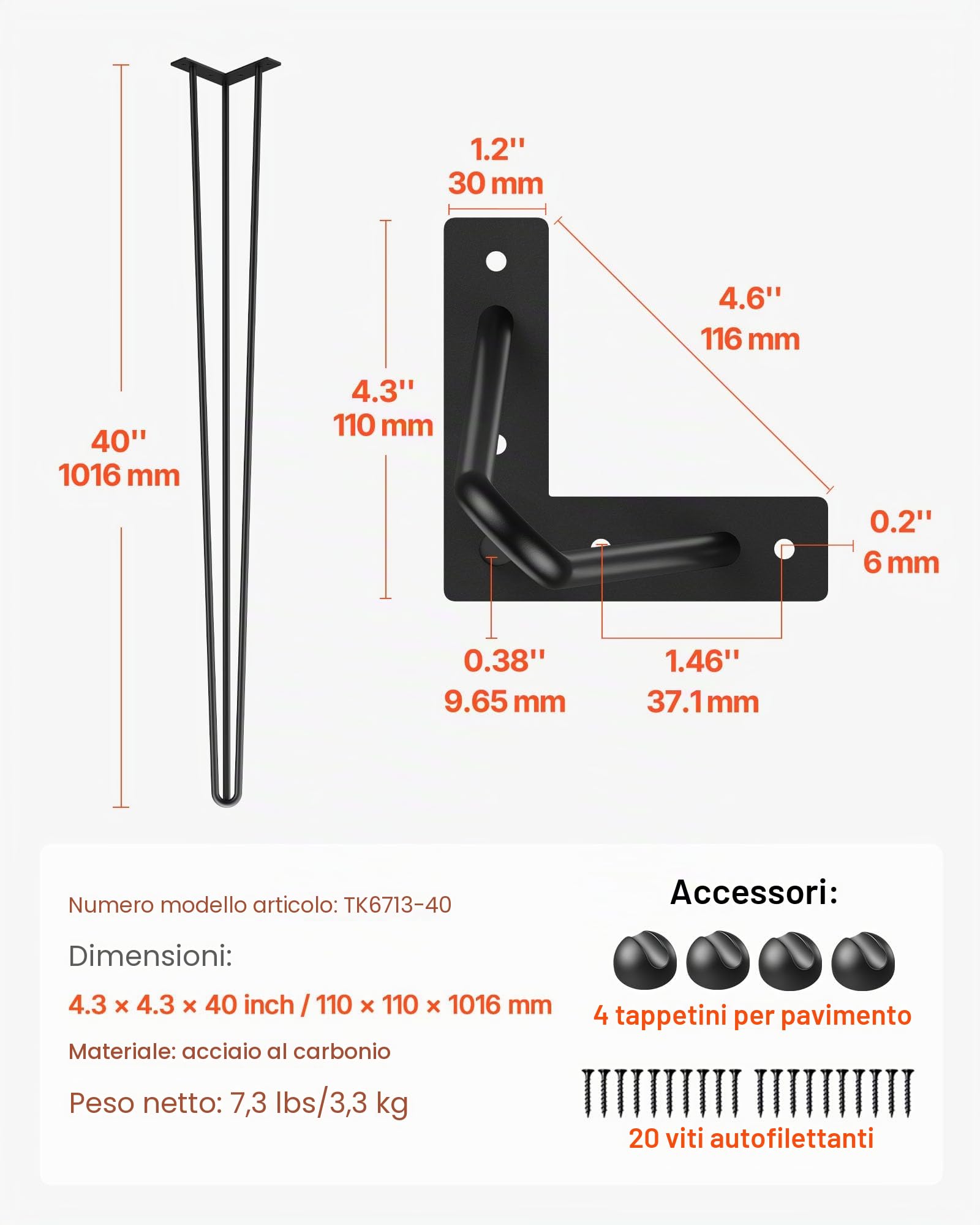 Happybuy Gambe da Tavolo da Scrivania 40 Pollici per Impieghi Gravosi di Ferro, 4 Pezzi Gambe da Tavolo a Forcina per Scrivania, Adatte per Tavolini, Divani, Seggioloni, Tavolini da Bar