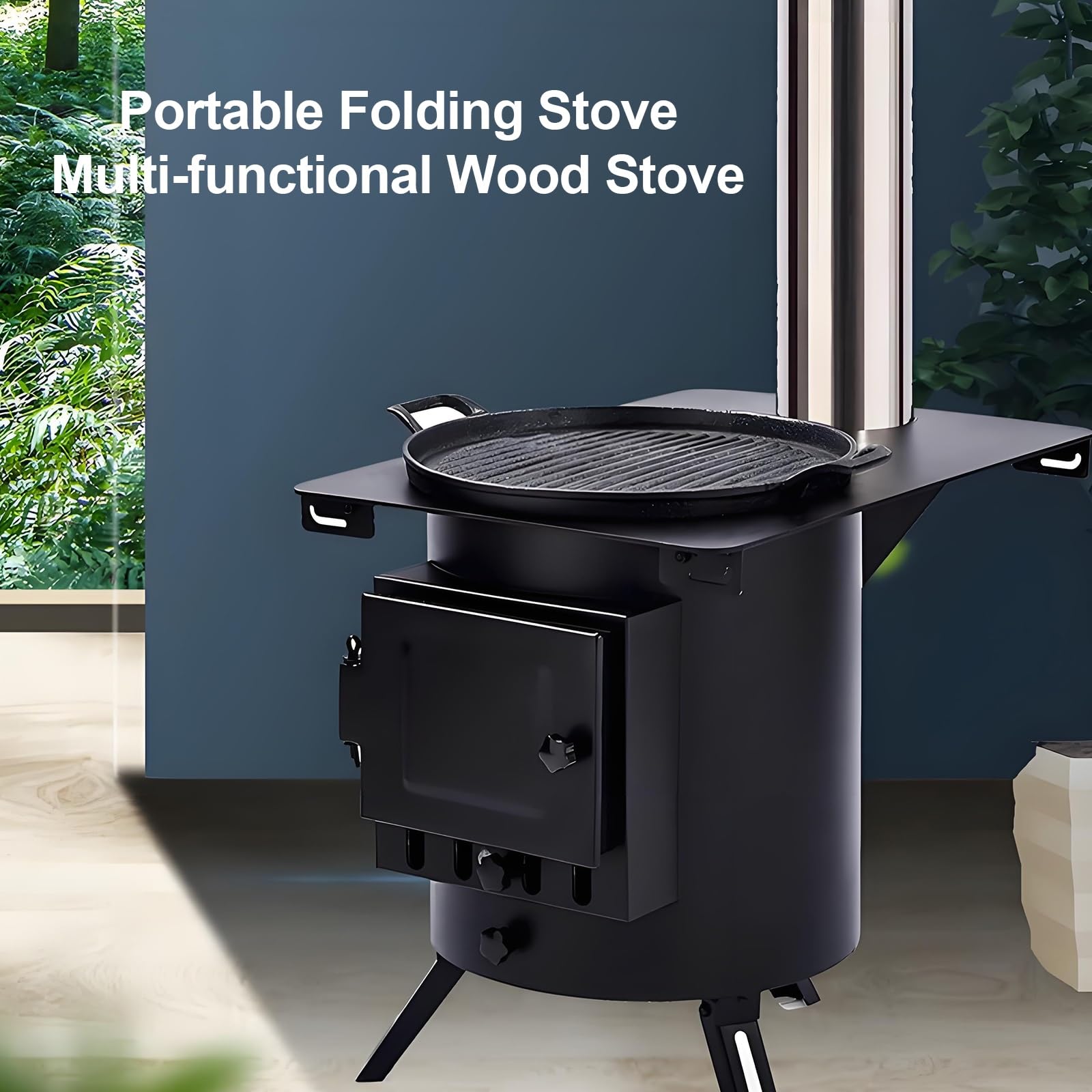 Stufa a Legna Portatile In Acciaio con Gambe Triangolari Pieghevoli, Stufa a Legna In Ghisa Doppio Uso per Riscaldamento Interno, Cucina Esterna e Campeggio(43cm)