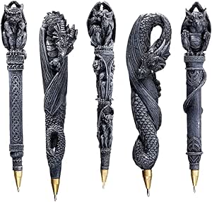 Design Toscano Gargoyles and Dragons Gothic Decor Sculptural Ball Point Pens, 5 Count (Pack of 1), Greystone