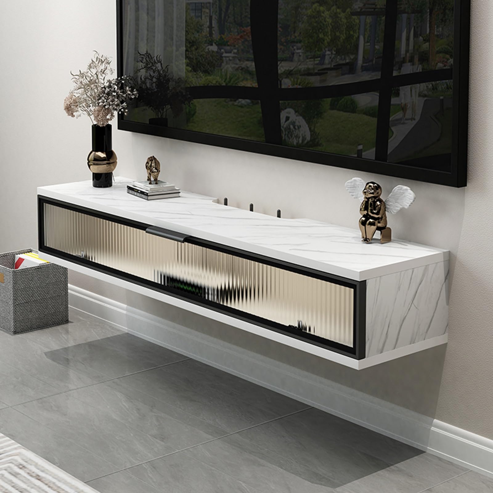Console TV moderne en marbre blanc – Centre de divertissement mural avec Sto Ders et couvercles à rabat pour salon et chambre à coucher, Slish et peu encombrant (120 x 23 x 20 cm)