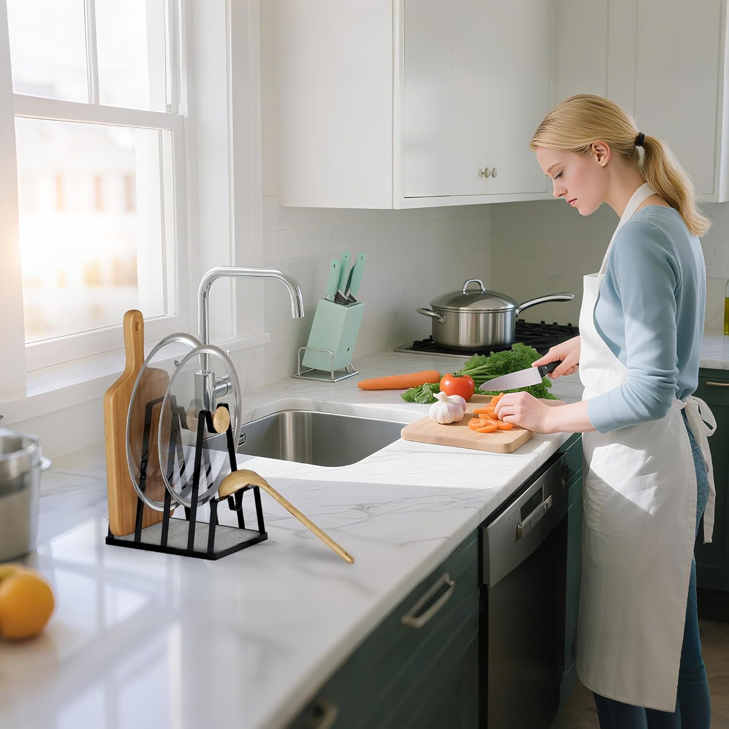 YIGII Pot Lid Cutting Board Organizer with Diatomite Stone, Black Pan Lid Organizer and Spoon Rest Rack, Multifunctional Utensil Holder for Stove top and Kitchen Counter - Image 4