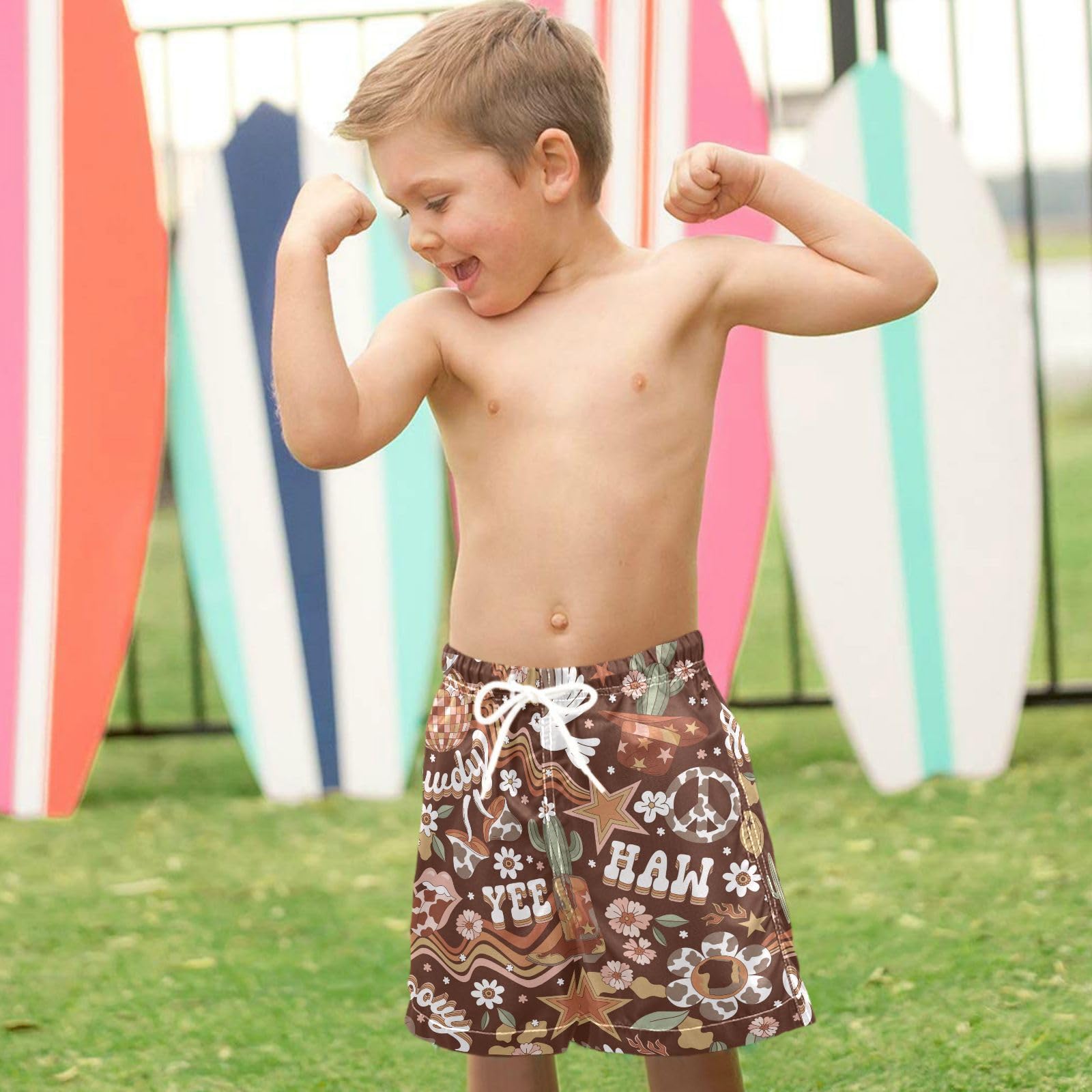 visesunny Summer Boy's Beach Shorts Hippie Cowboy Retro Wild West Cactus Quick Dry Soft Drawsting Swim Trunks Baby Boy Bathing Suit with Pockets