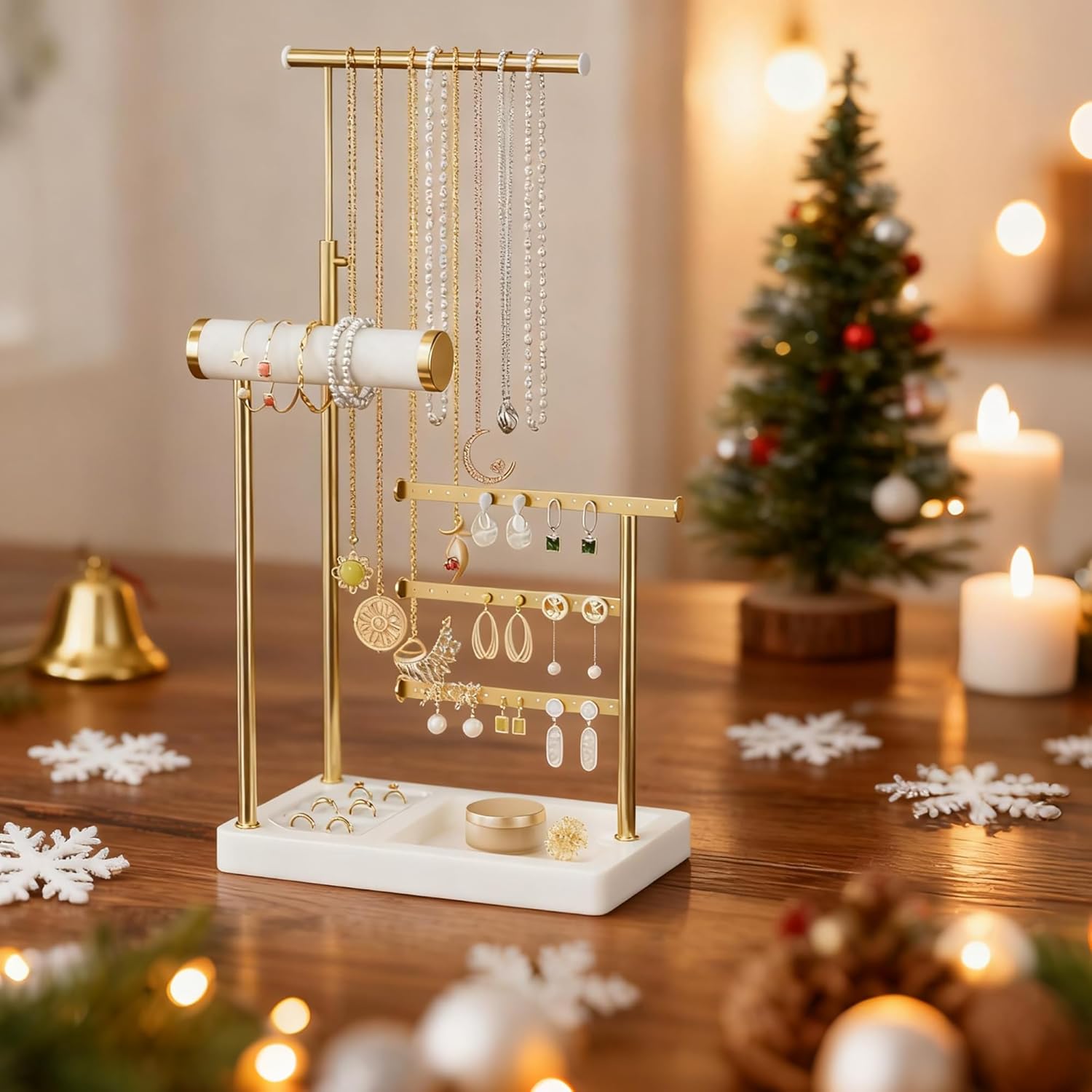 SZQINJI 5 Tier Jewelry Holder Organizer, Gold Jewelry Stand with Velvet Bracelet Holder, Adjustable Height Jewelry Display for Necklaces, Bracelets, Earrings, Rings, Gift Idea for Women, White - Image 3