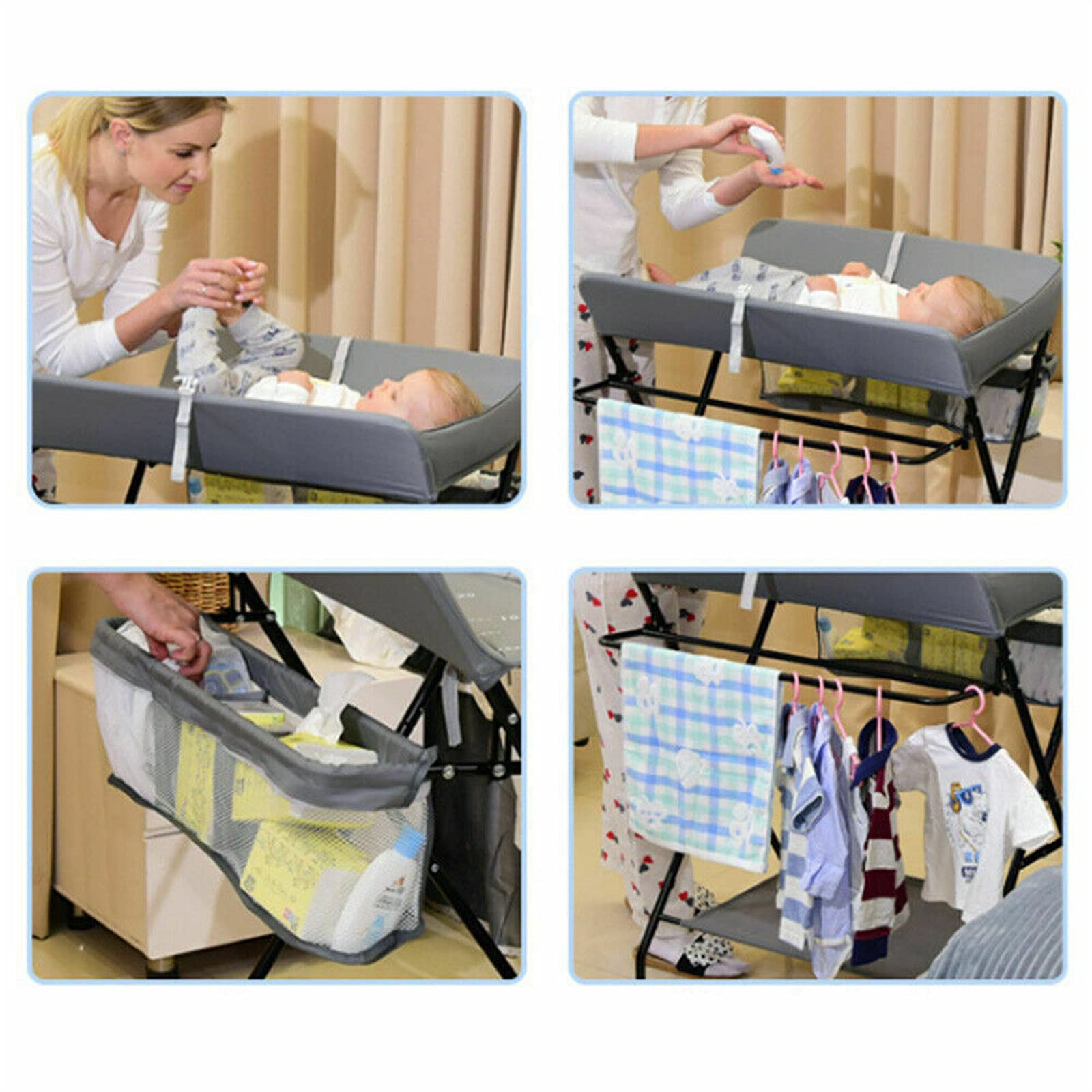 Mesa de cambio de bebé plegable Nursery Changing Station con almacenamiento, con bañera, con ruedas, con cajones, con alfombrilla, color gris oscuro, adecuado para bebés de hasta 12 meses