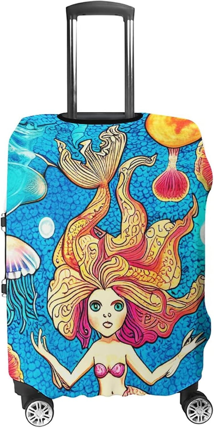 review Compatible with Watercolor Ocean Sea Jellyfish Mermaid Suitcase Protector Cover, High Elastic and Trolley Case Sleeve with Strap Belt, Water Resistant Luggage Cover Fit 19-21 Inches Suitcases