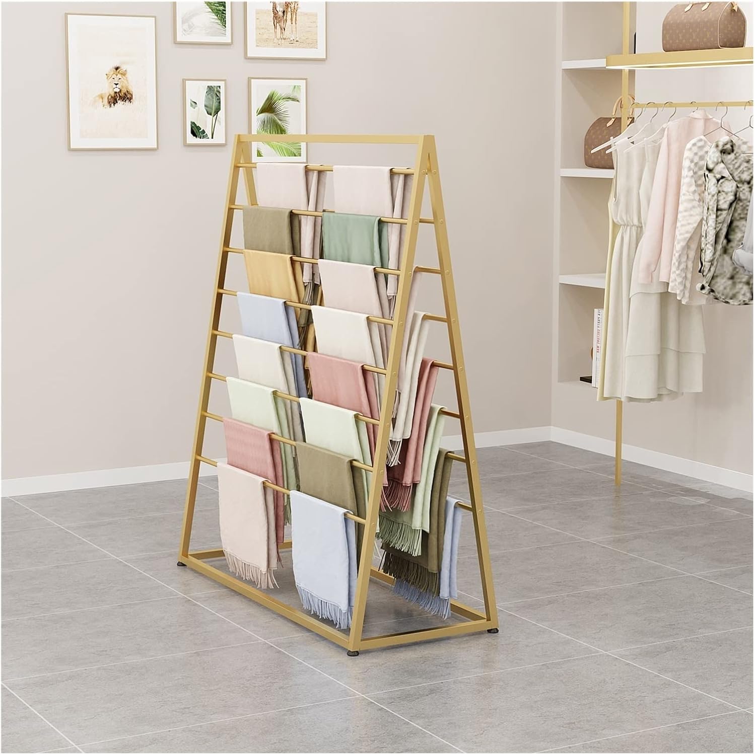 Shawl Fabric Trousers Ties Holder Shelves Show Rack for Home/Store,Floor Standing Metal Scarf Large Capacity Holder Organizer, Space Saving(Gold,60cm/23.6in)