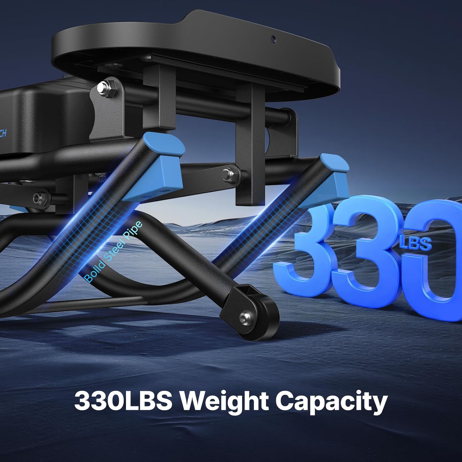 Close-up of the MERACH Rocking Stepper's base with '330LBS Weight Capacity' text.