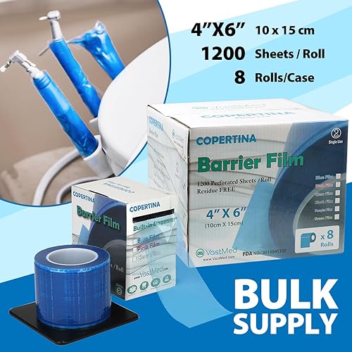 Miniatura 7 de VASTMED Película de barrera de grado médicodental, azul, 4 x 6 pulgadas, 1200 hojasrollo, cinta adhesiva de plástico protectora desechable para