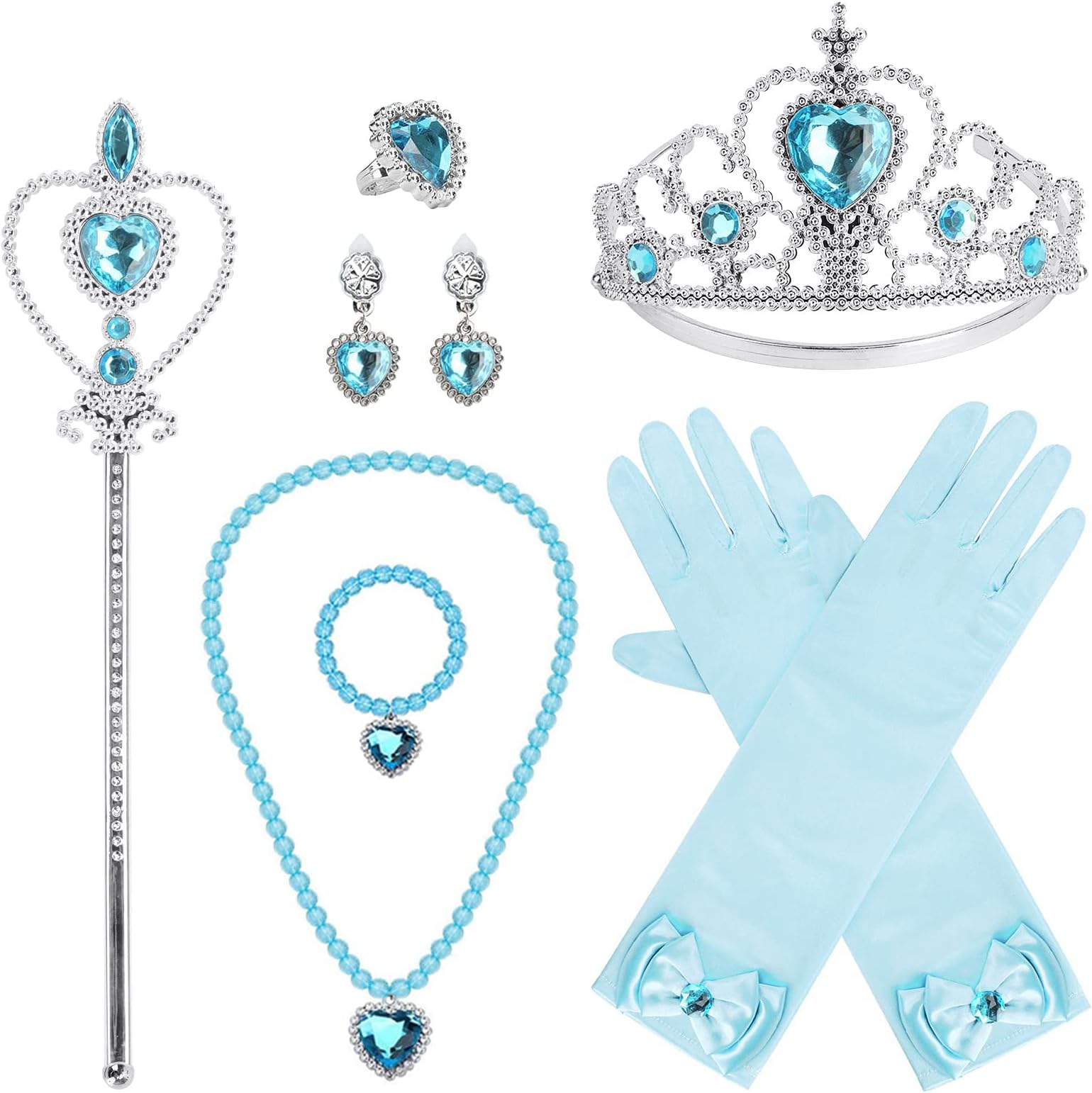 Princess Dress Up Party Accessories for Princess Costume Gloves Tiara Wand Necklace Earrings Bracelet and Ring Gift (Blue, Set of 7, 9pcs)