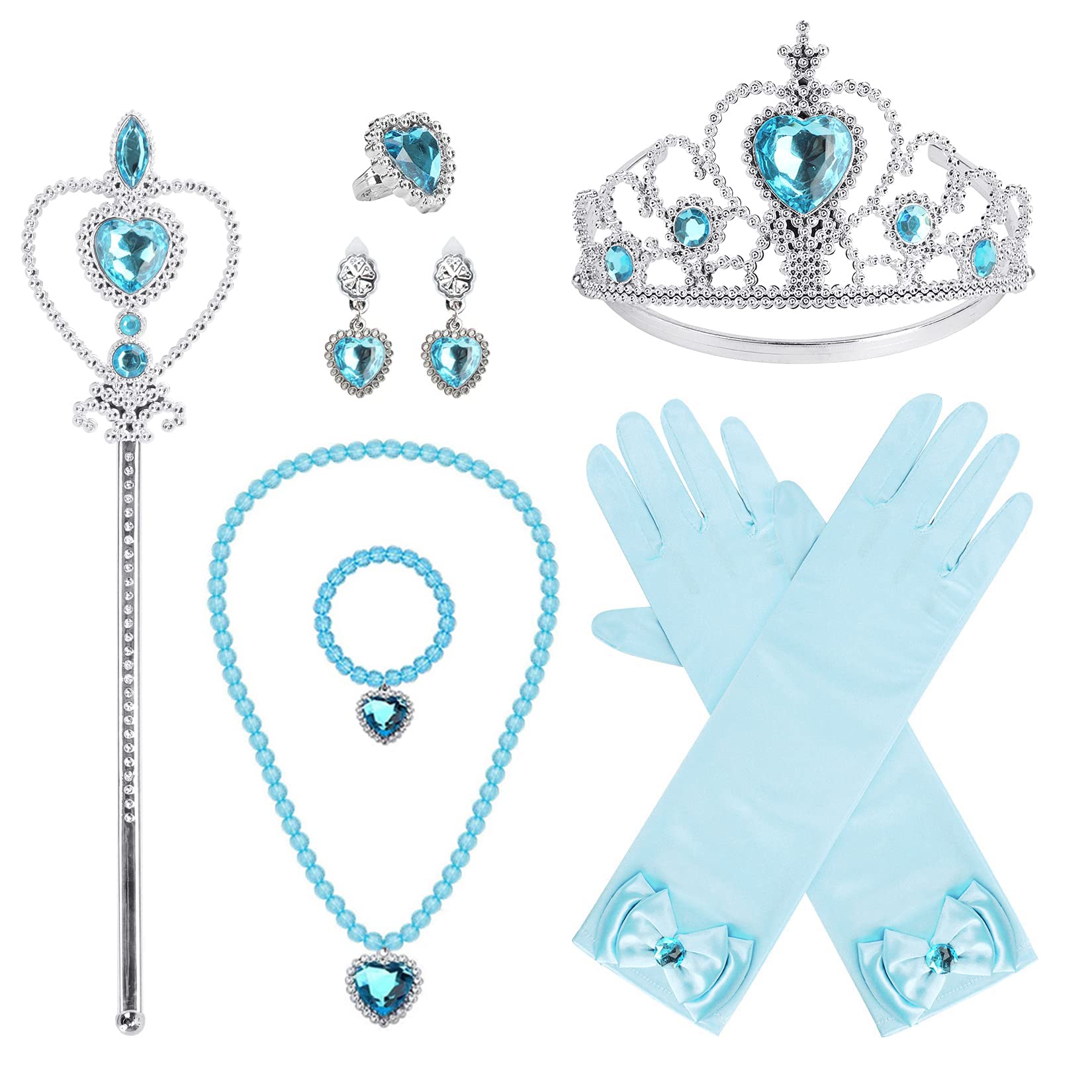 KASTWAVE Princess Dress Up Party Accessories for Princess Costume Gloves Tiara Wand Necklace Earrings Bracelet and Ring Gift (Blue, Set of 7, 9pcs)