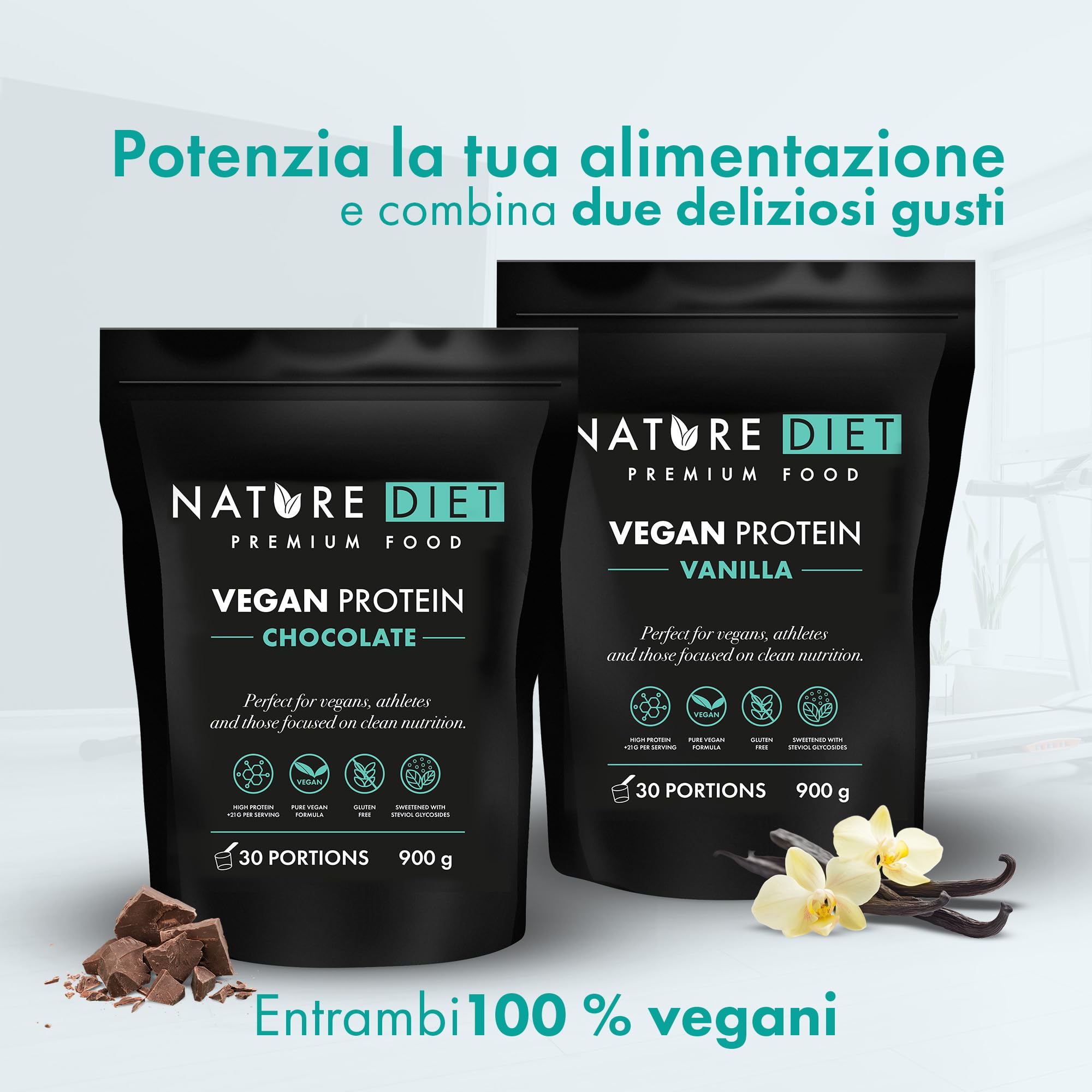 Nature Diet Proteine Vegane Cioccolato | 900 g | Alto Contenuto Proteico | 21 g di Proteine per Porzione | 30 Porzioni | Mix di Pisello & Canapa | Formula Pulita, Vegetale & Senza Glutine