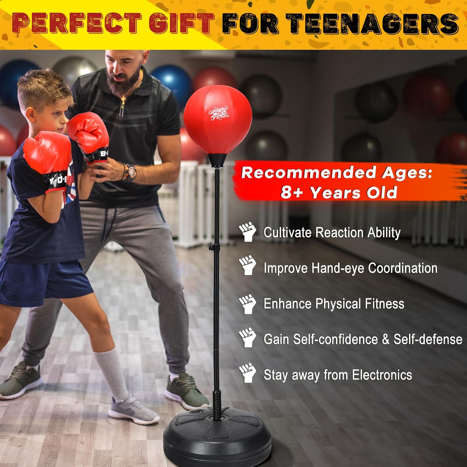 GYMAX Punching Bag for Adults & Teens, Boxing Equipment Set w/Height Adjustable Stand, Gloves & Pump, Free Standing Boxing Bag with Reflex Ball for Agility, Great Gift for Boys & Girls