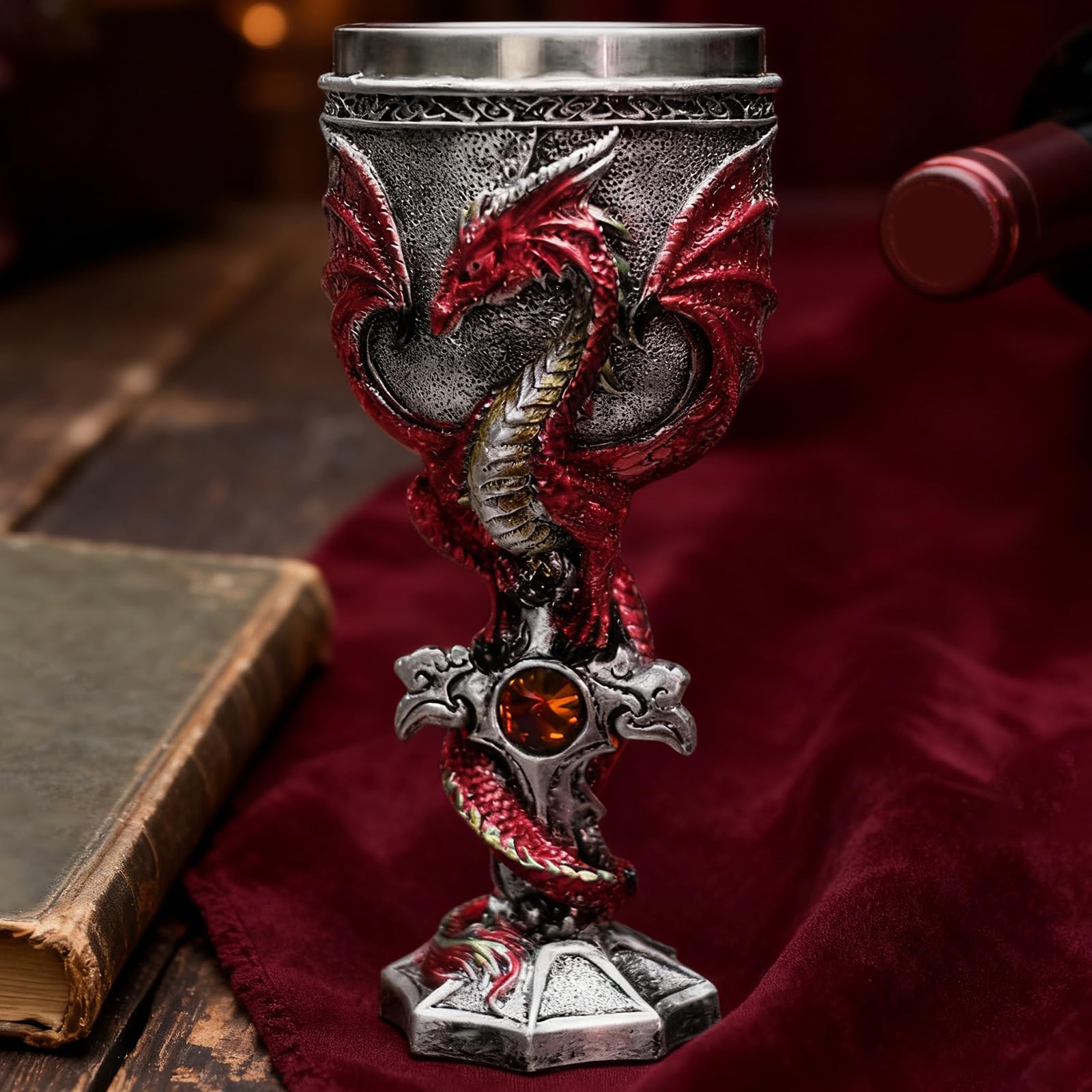 DINTSTYLE Medieval Flame Dragon Wine Goblet,Goblet Resin Wine Cup with Stainless Steel Lining,Fantasy Dungeons and Dragons Chalice 7oz(Hlong)