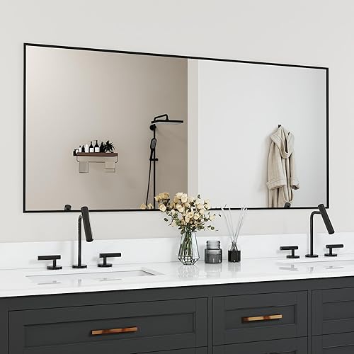 Miniatura 10 de LUSABE Espejo de baño con marco negro de 48 x 32 pulgadas, espejo de tocador de baño negro mate, espejo de pared rectangular grande, antioxidante,