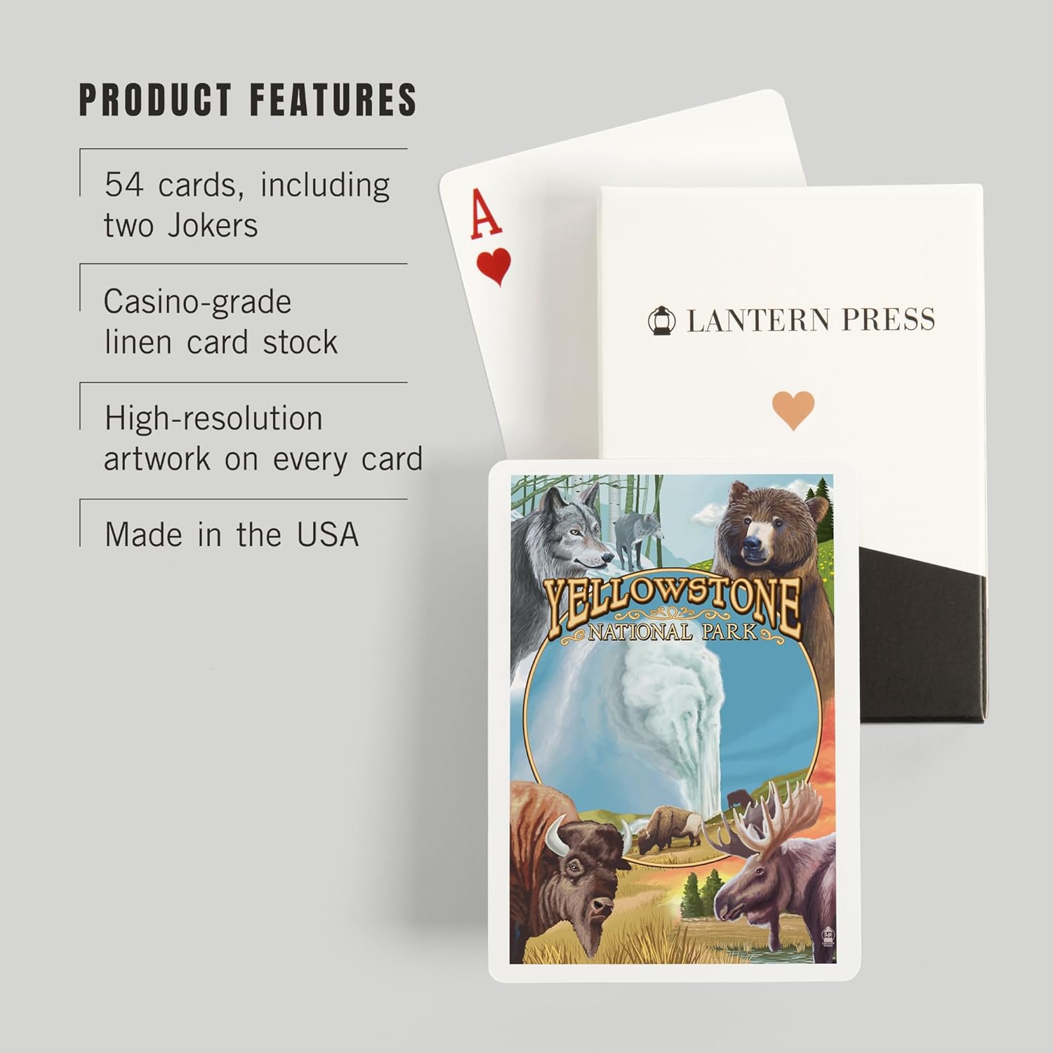 Lantern Press Yellowstone National Park, Montana, Wildlife Montage, 52 Playing Cards for Adults, Poker Size Card Deck