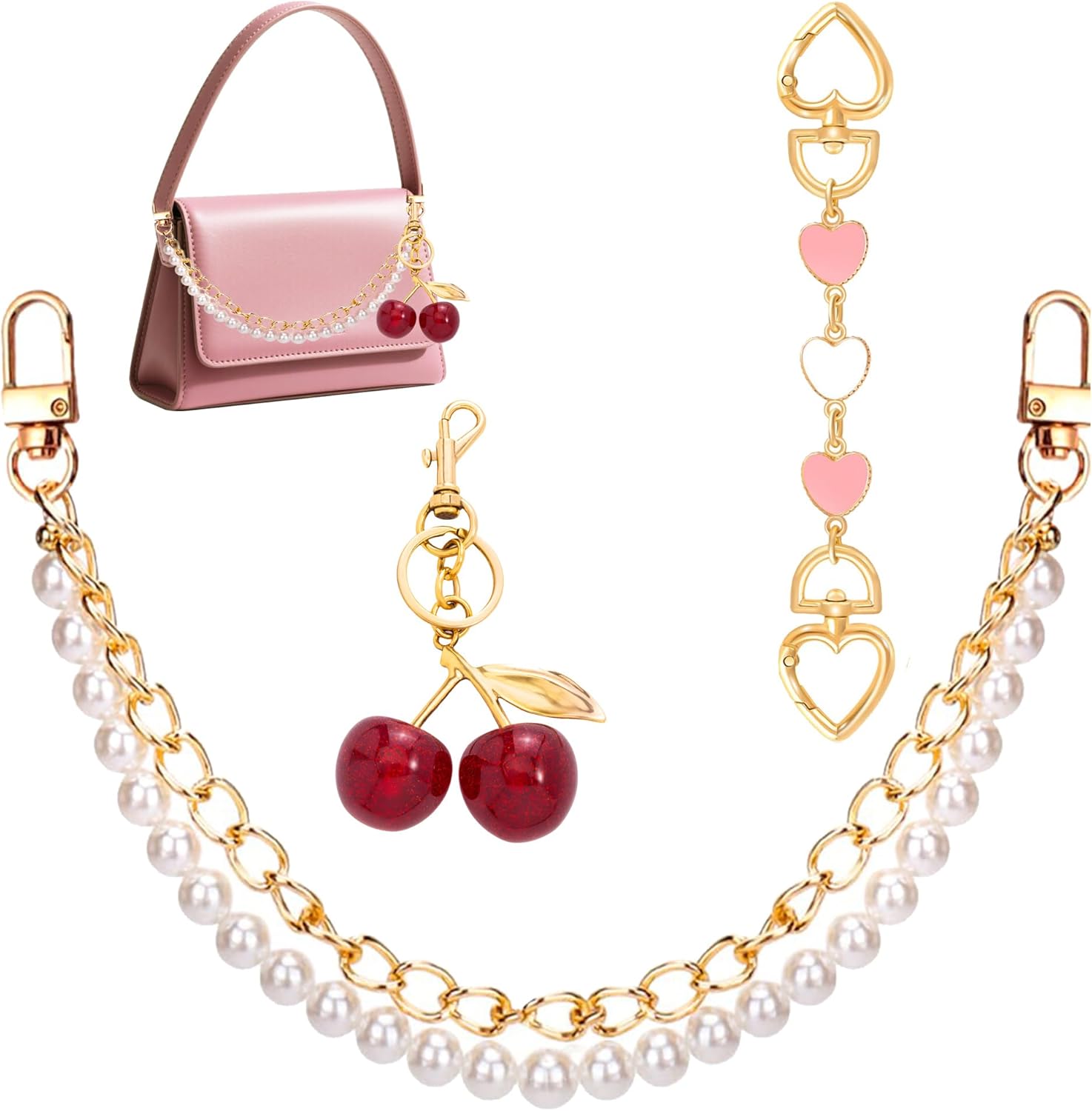 1-3PCS Bags Metal Handbag Straps Chains Tote Shoulder Bags Belt Chain Heart Purse Accessories Decorative Handbags Purse Charms for Womens Girls