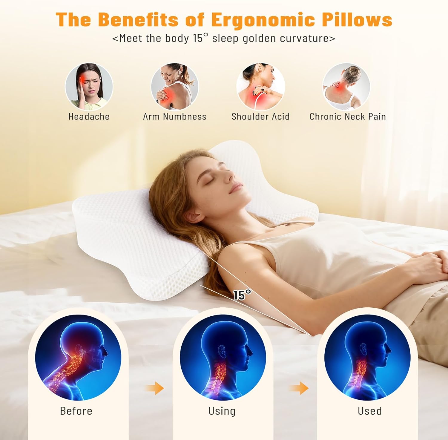 Cervical Neck Pillow, Memory Foam Pillow for Neck Pain Relief, Ergonomic Bed Pillow with Neck Support for Side, Back & Stomach Sleepers, Queen, 2PCS, White