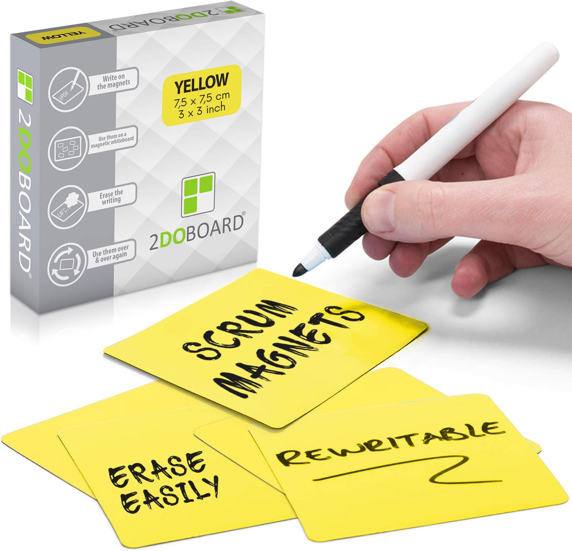 2DOBOARD 25 Magnetic Notes - Magnetic Sticky Notes 3 x 3 in – Fun Dry Erase Whiteboard Magnets for Fridge, Office, Classroom - Easy to Clean & Reuse Stick Notes (Yellow)