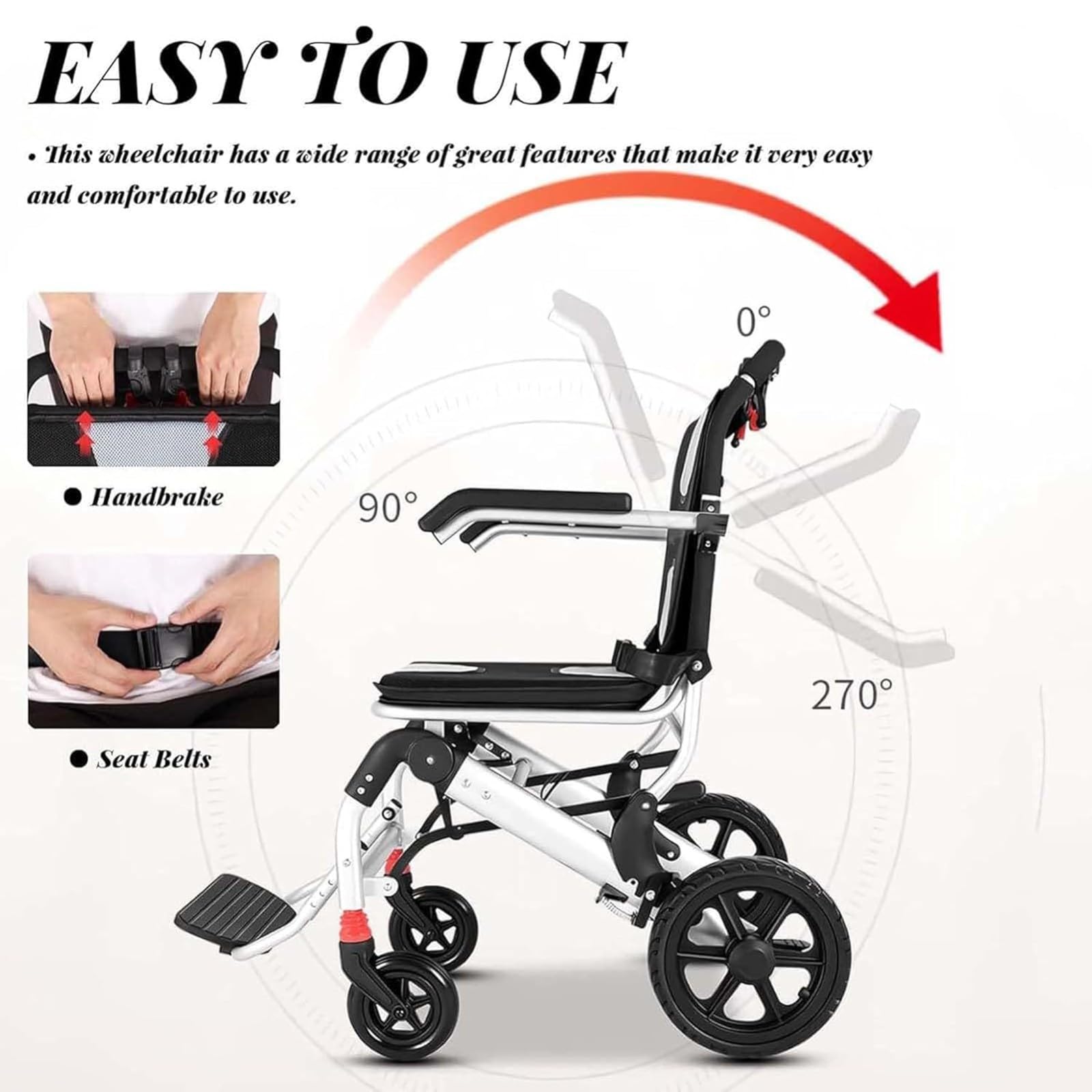 Silla De Ruedas Plegable De Traslado, Ligera, Aluminio, Ancho 41 Cm, Silla De Ruedas Plegable Freno En Manetas, para Movilidad Reducida, De Viaje, para Casa, Estrecha