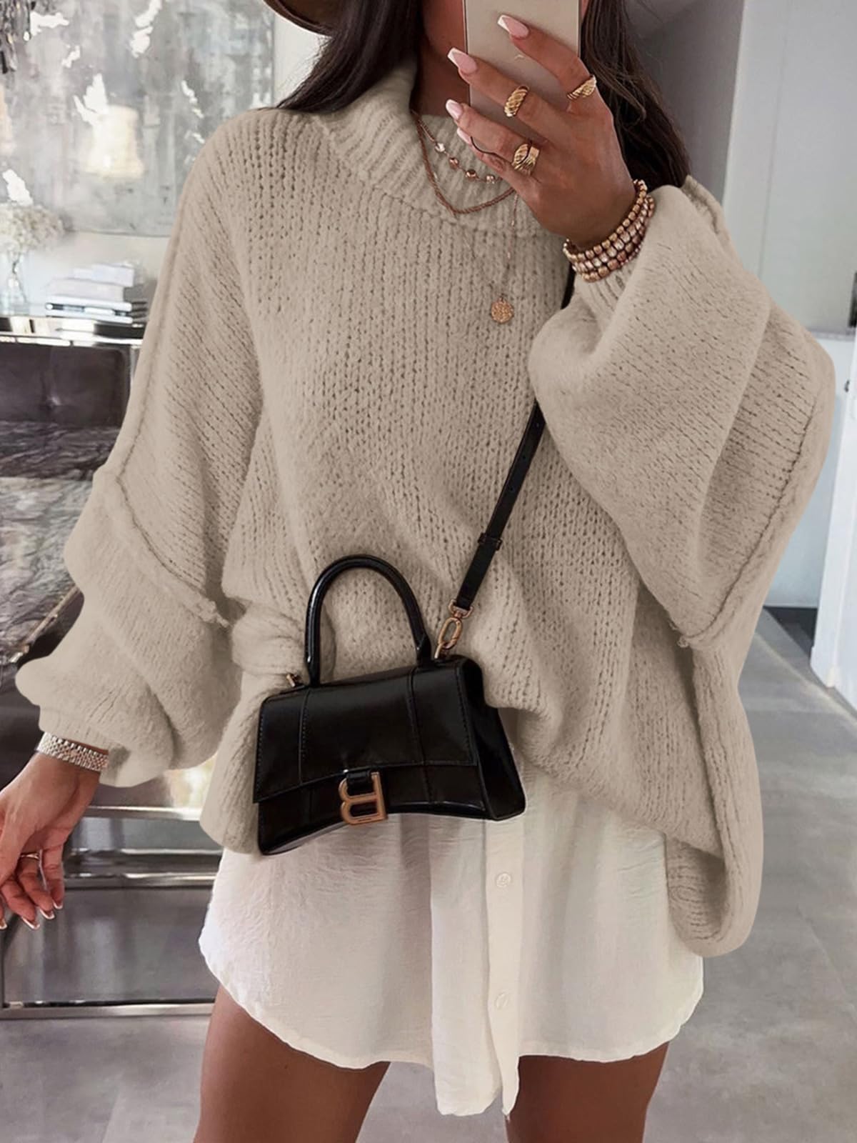 Saodimallsu Maglione da Donna, Oversize, Maniche a pistrello, in Tinta Unita, Elegante, a Collo Alto, Invernale, Casual, Lavorato a Maglia