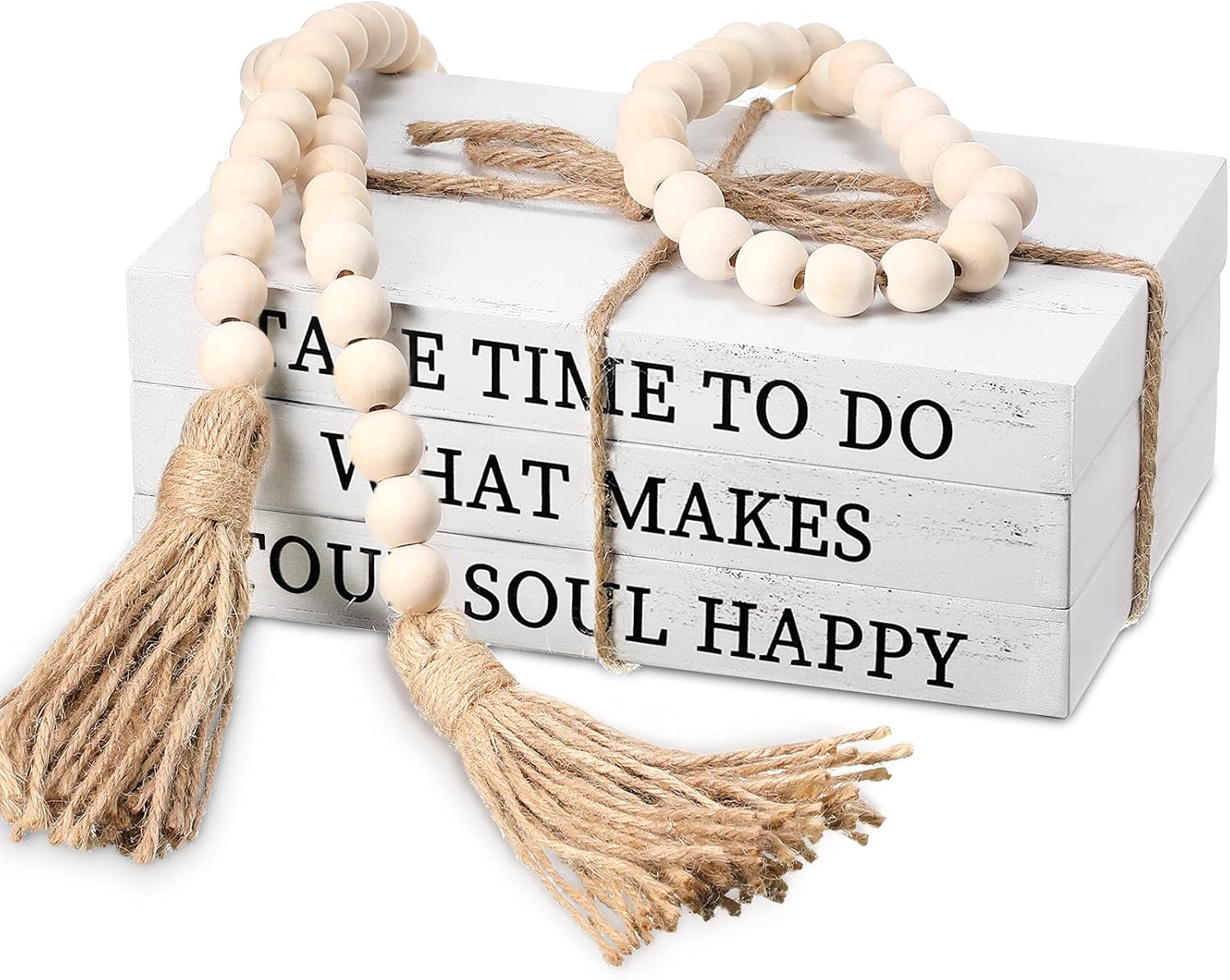 3 Pcs Decorative Books for Home Decor White Faux Books Decoration Farmhouse Stacked Display Books with Wood Bead Tassels for Coffee Tables, 58 Inch (Take Time to do, What Makes, Your Soul Happy)