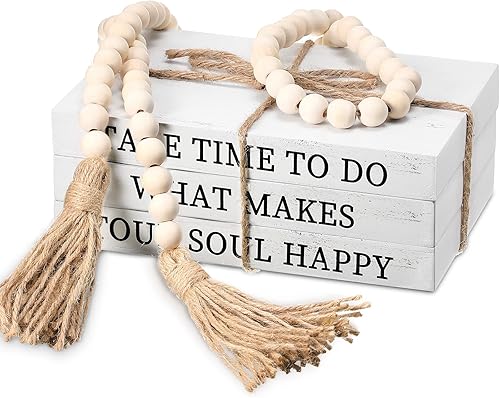 Jetec Libros decorativos de exhibición de tapa dura, imitación de granja apilados para mesas de café, estantes con borlas de cuentas de madera de 58