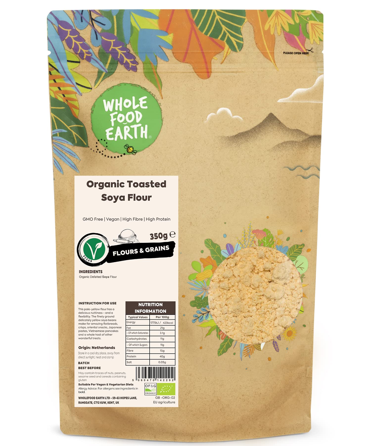 Wholefood Earth Organic Toasted SOYA Flour – 350g | GMO Free | Vegan | High Fibre | High Protein | Certified OrganicEU Organic