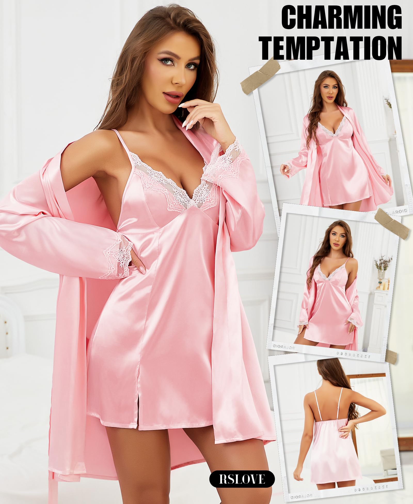 Conjunto de Camisola y Bata de satén: camisón de lencería de Encaje con Bata a Juego, Ropa de Dormir Sexy para Dama de Honor o Luna de Miel