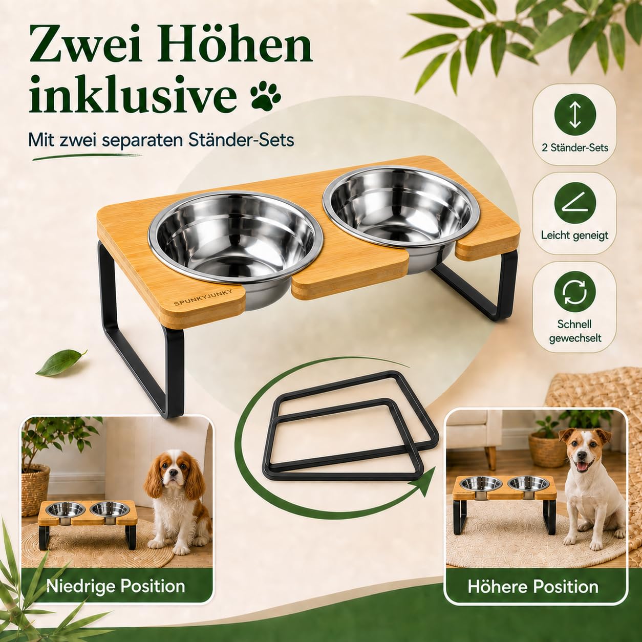 SPUNKYJUNKY Hundenapf erhöht Futternapf aus 304 Edelstahl Futterstation mit Zwei einstellbaren Höhen Fressnapf und Wassernapf für Katzen und Hunde (600ml)