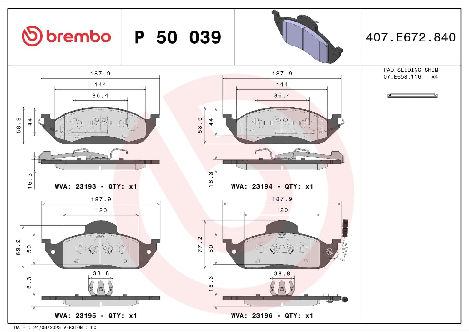 Brembo P50039 Low-Met Front Disc Brake Pad Set MERCEDES-BENZ OE# A1634200320