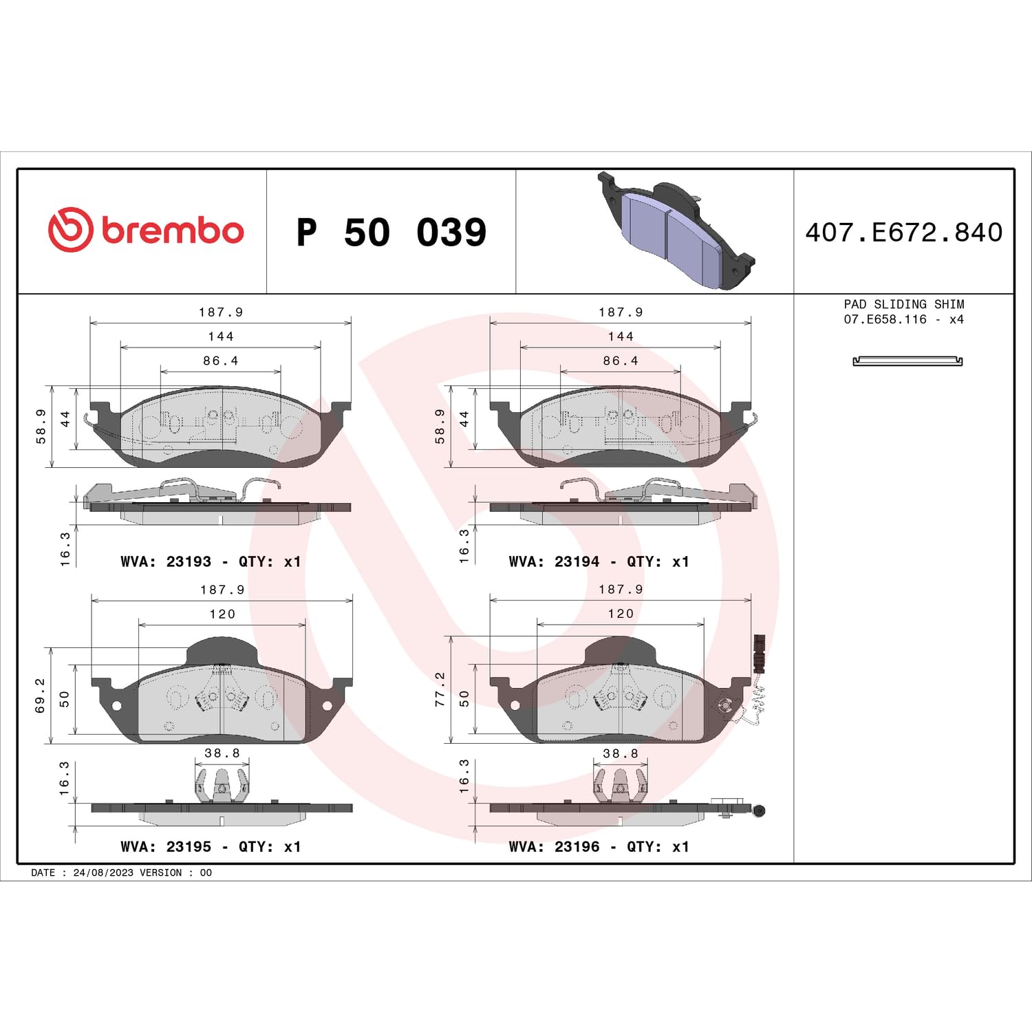 Brembo P 50 039 komplet klocków hamulcowych, hamulec tarczowy – (4-częściowy)
