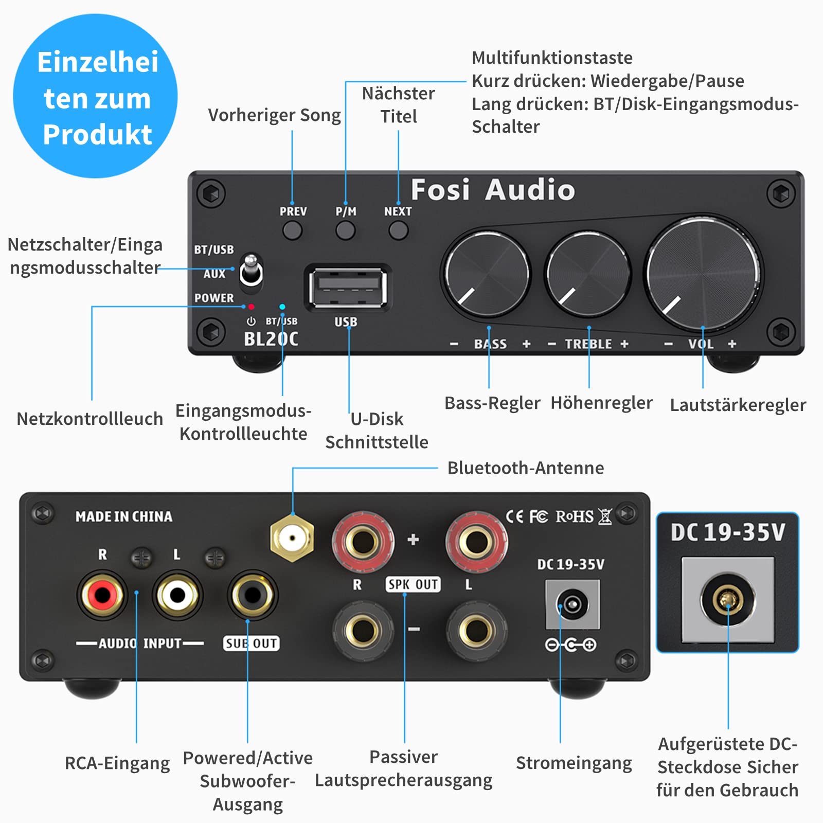 Fosi Audio BL20C HiFi Verstärker 320 Watt, Bluetooth 5.0 Mini 2.1 CH Klass-D TDA7498E Integrierter, 160W x 2 für Passivlautsprecher & Subwoofer