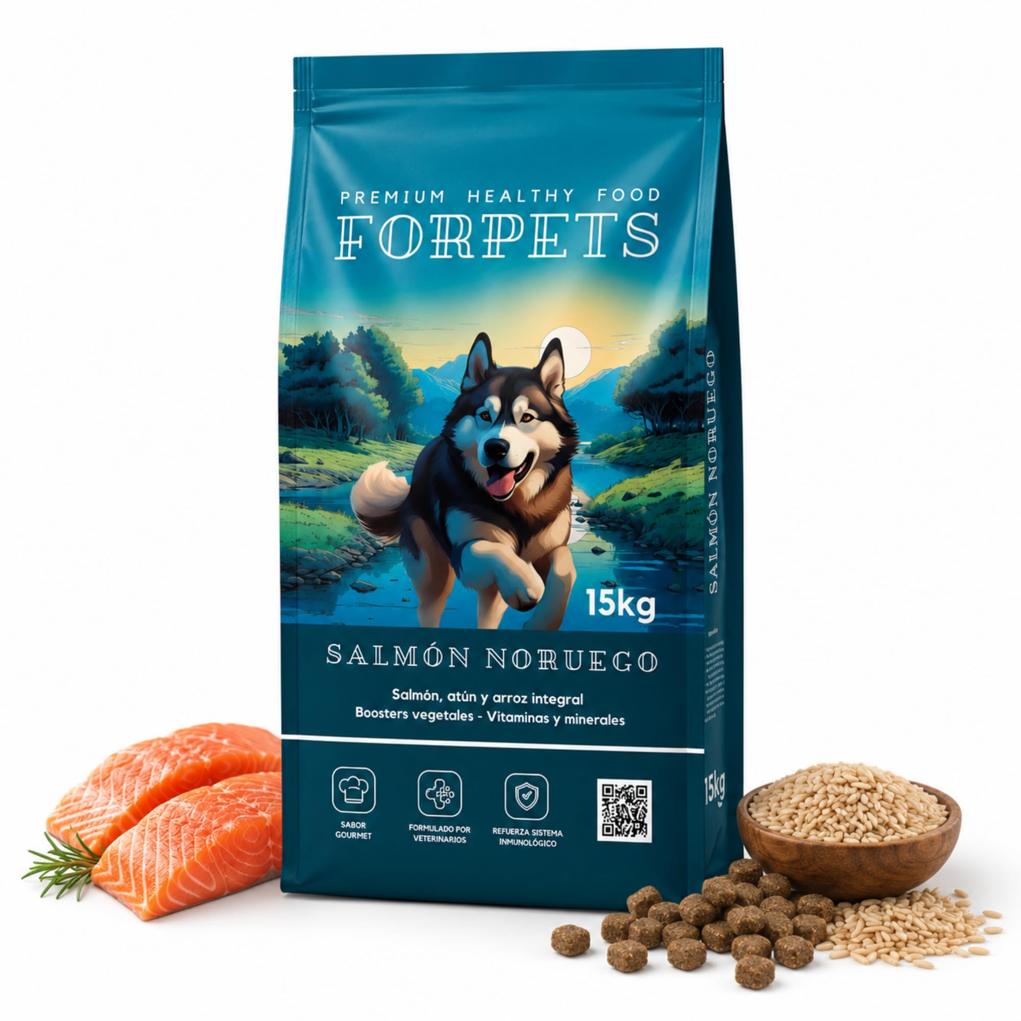 Dog Food with Norwegian Salmon 15 kg | Joints, Sensitive Skin and Shiny Coat | Sensitive Digestion with Brown Rice and Omega 3 | Gluten Free Adults Medium and Large Breeds | FORPETS