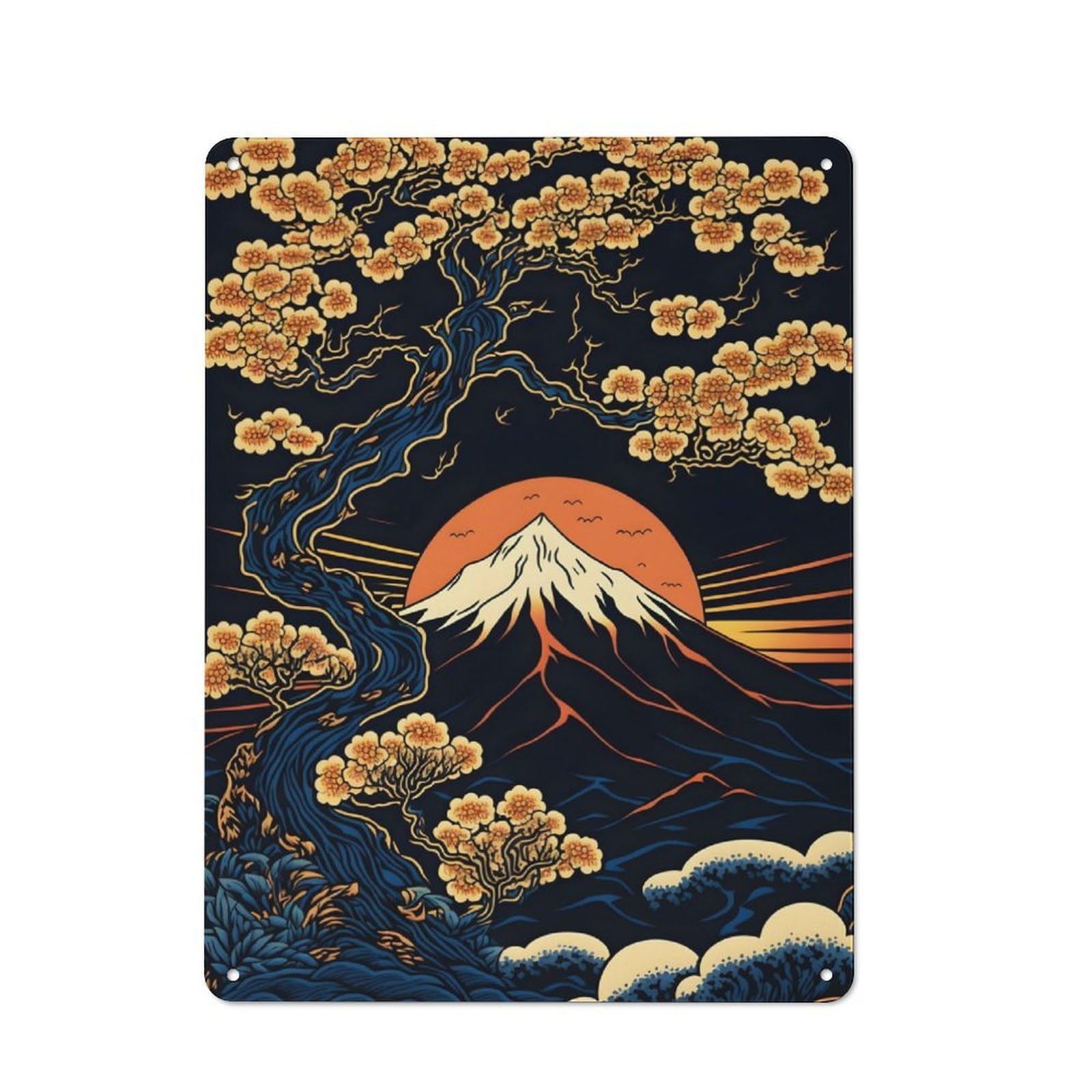 Junmoney Fuji Cherry Blossom Art For Lounge Or Reading Corner, Rustic Tin Sign 40X30cm, For An Autumn Update To Lounge And Reading Corner