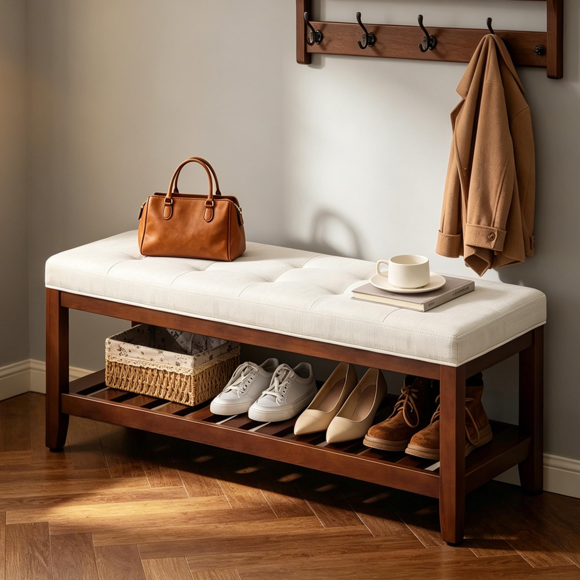 HUBSON 44" Entryway Shoe Bench, Upholstered End of Bed Bench with Solid Wood Shelf, Button Tufted Shoe Bench for Bedroom, Hallway, Living Room, Beige