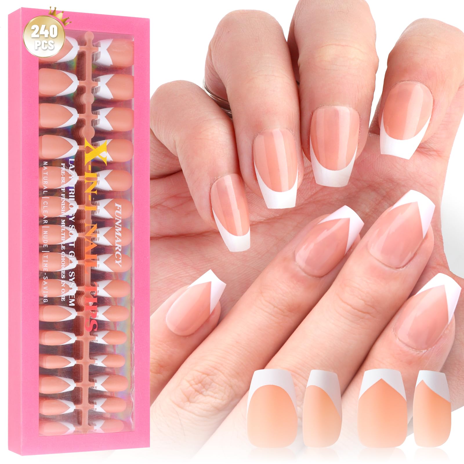 French Gel Nail Tips - 240PCS Short Coffin Nail Tips 4-IN-1 Matte X-coat Soft Fake Nail Tips Pre-Top &Pre-colored Coat, False Nail Tips for Nail Extension Home DIY (15 Size)