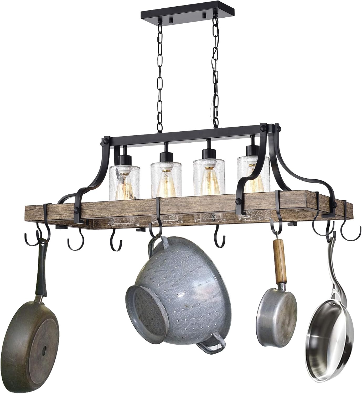 Warehouse of Tiffany HM138/4 Blakes 4-Light Faux-Wood Metal Kitchen Island Pot/Pan Hooks and Seeded Glass Shades (Includes Edison Bulbs) Chandelier, Black