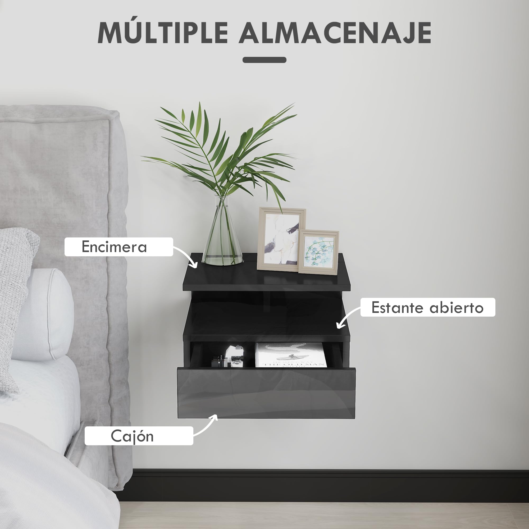HOMCOM Set 2 Tables Nuit suspendues compactes 35x32x22.5 Noir Brillant