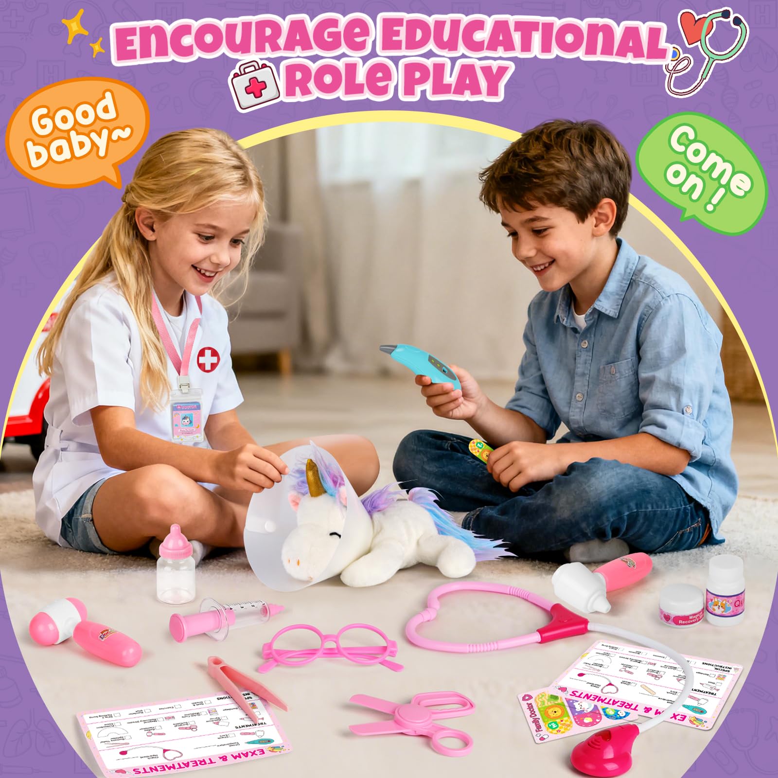 Kit Docteur Enfants, Coffret Médicale avec Peluche Licorne et Blouse de Docteur, Jeu de Rôle pour Enfants 3 4 5 6 Ans - Cadeau Noël et Anniversaire