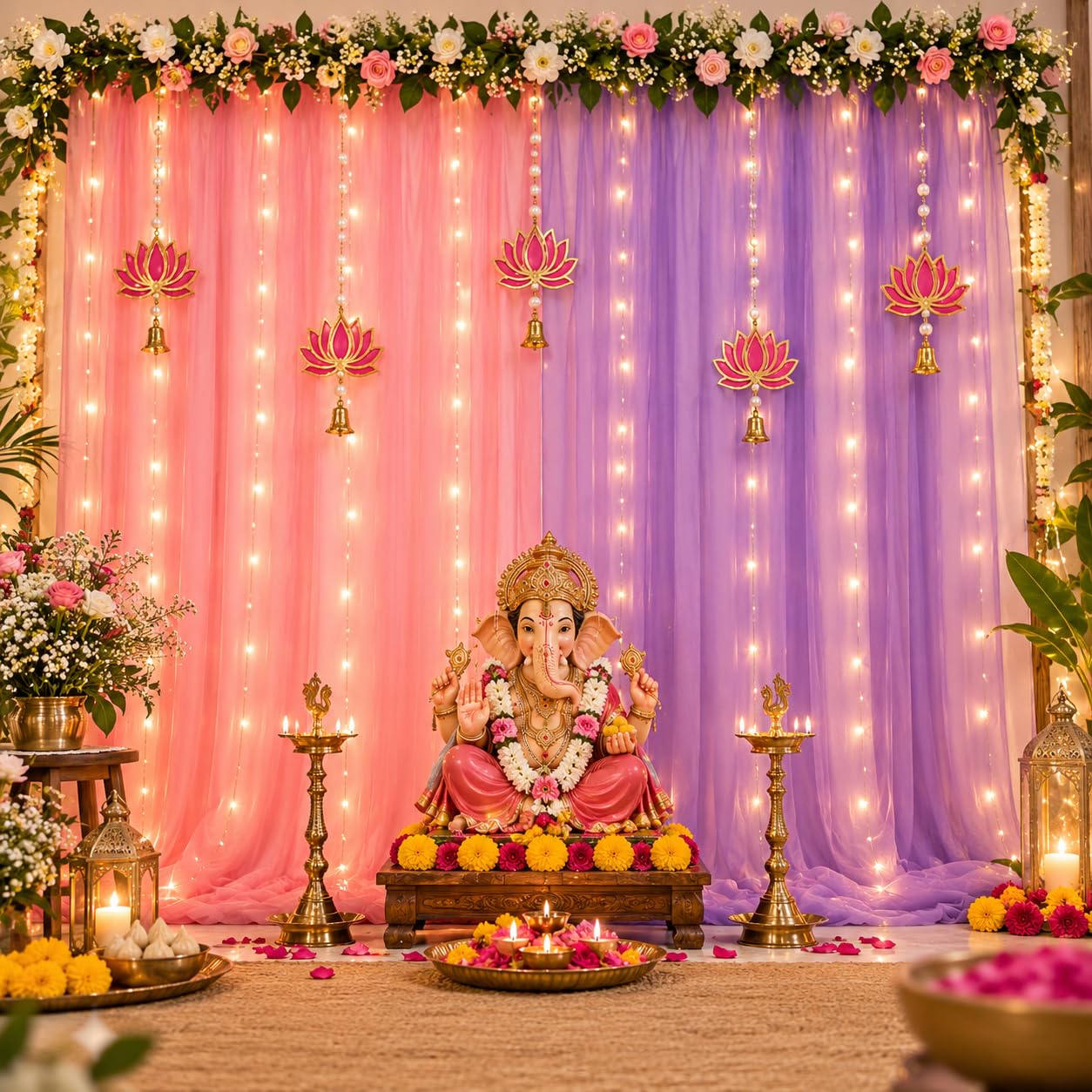shimmers ganpati decoration kit set of 8 | with pink & purple curtain backdrop hanging lotus diya cutouts led string | curtain hooks festive background decor for home mandap setup party supplies