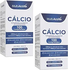 Kit 2 Carbonato de Calcio 1250mg Equivalente a 500mg de Cálcio Elementar 100 Comprimidos Suplemento Alimentar Alta Concentracao Reposicao de Calcio Osses Dentes Musculos Gestantes Idosos Multiactive