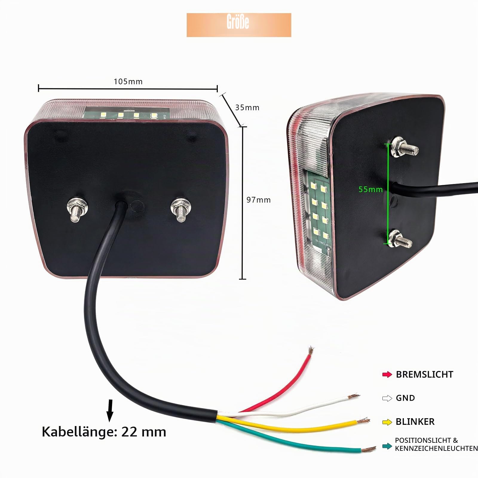 2 Stück 12 V Universell LED Rückleuchten Anhänger mit E-Prüfzeichen, 5 Funktionen: Bremse, Position, Blinker, Kennzeichenbeleuchtung, Reflektor