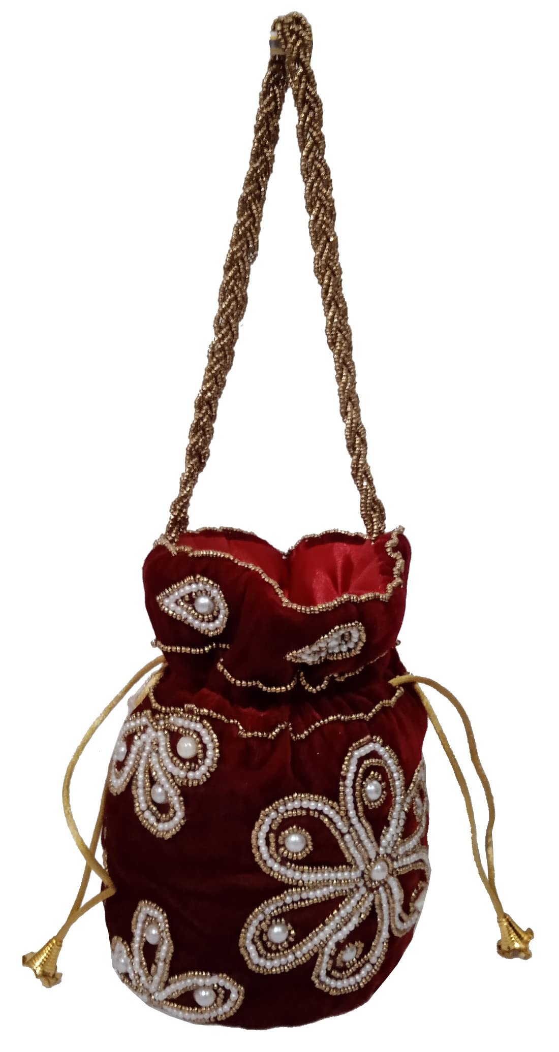 Purpledip Women's Chenille Intricate Bead Work Drawstring Potli Bag (Maroon, 12396G) 1