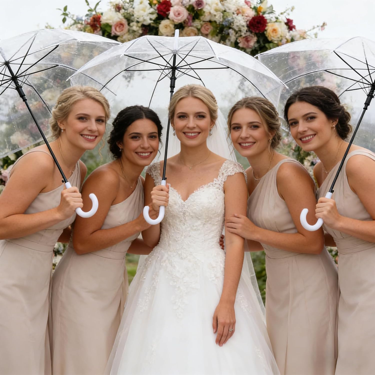 Confezione da 12 ombrelli trasparenti per matrimonio con apertura/chiusura automatica, antivento e impermeabili, con manici bianchi a forma di J, ideali per spose e sposi, fotografia e all'aperto e